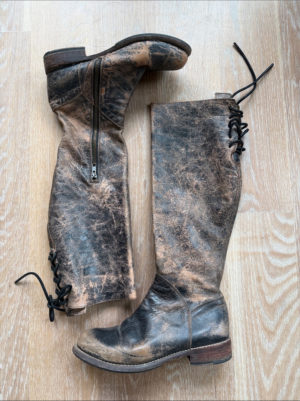 Bed Stu Distressed Tall Leather Boots - Brown/Black